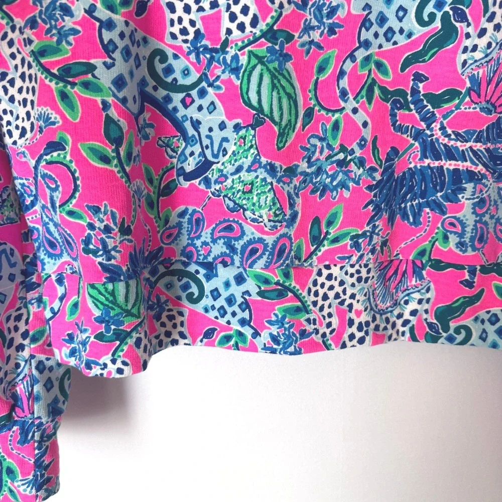 Lilly Pulitzer Etta Top Women Small Pink Animal Print Puff Sleeve Boho